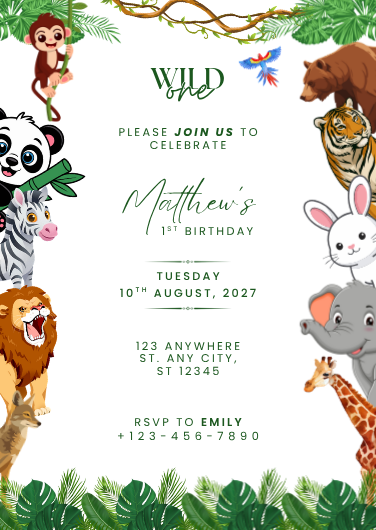 Green and White Wild One First Birthday Invitation