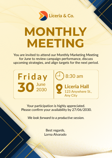 Beige and Navy Minimalist Monthly Meeting Invitation Template