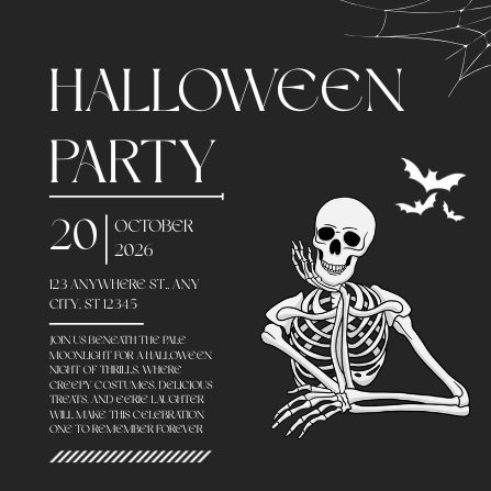 Elegant Black and White Skeleton Halloween Party Invitation