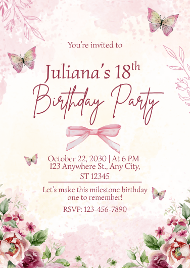 Pink and White Watercolor 18th Birthday Party Invitation