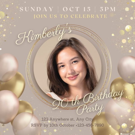 Gold and Beige Elegant Pastel Photo 20th Birthday Invitation