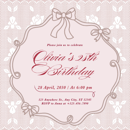 Editable Pink and White Vintage Lace Birthday Invitation