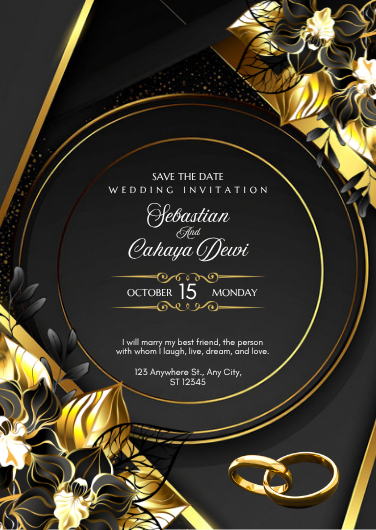 Elegant Black and Gold Floral Wedding Invitation