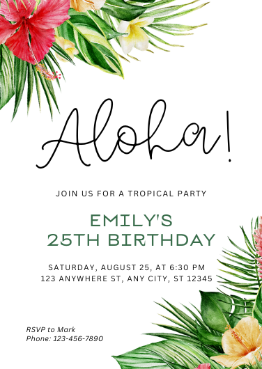 Editable Green and Red Tropical Aloha Birthday Invitation