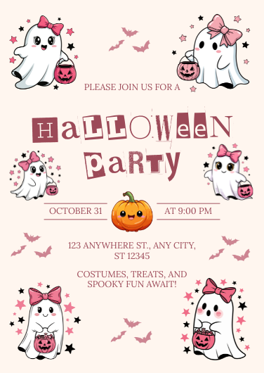 Cute Pink and White Halloween Party Invitation Template