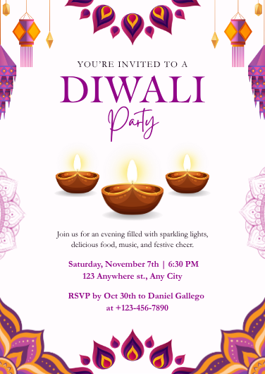 Purple & Gold Festive Diwali Party Invitation Template