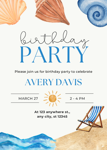 Watercolor Beach Theme Birthday Invitation