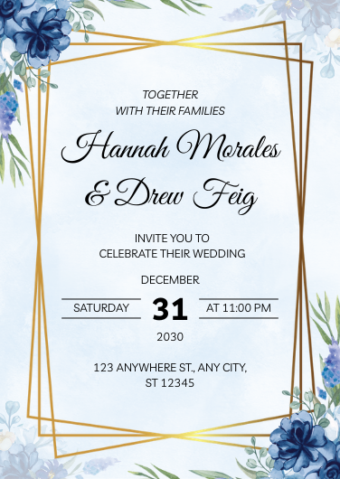 Navy Blue and Gold Floral Wedding Invitation Template