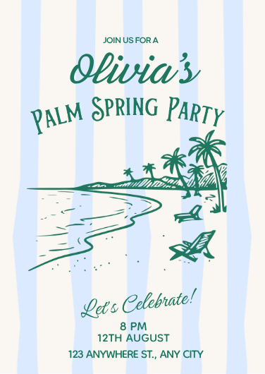 Blue and Beige Tropical Palm Spring Party Invitation Template