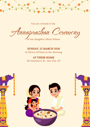 Cream and Purple Traditional Annaprashan Invitation