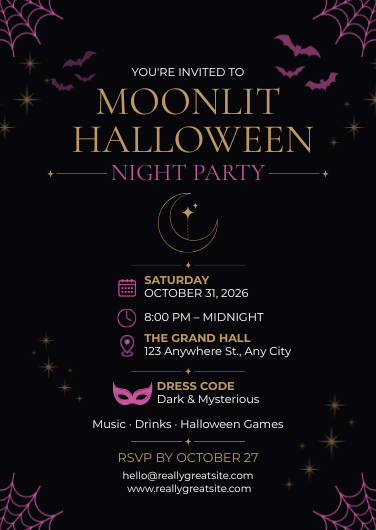Black and Gold Gothic Moonlit Halloween Party Invitation