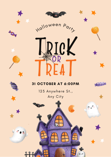 Cute Orange and Purple Trick or Treat Party Invitation