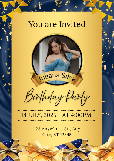 Gold and Blue Modern Birthday Party Invitation Template