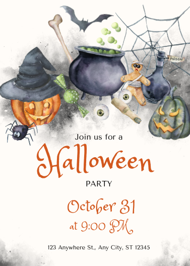 Spooky Watercolor Halloween Party Invitation Template