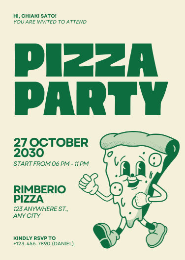 Playful Green and Cream Pizza Party Invitation Template