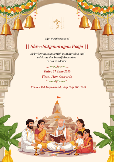 Traditional Gold & White Satyanarayan Pooja Invitation