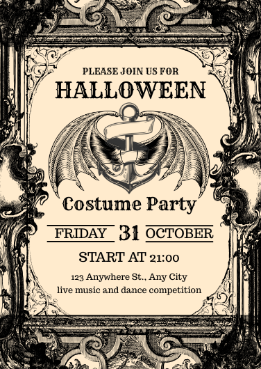 Black and Beige Vintage Halloween Costume Party Invitation