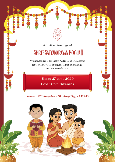 Red and Gold Traditional Satyanarayan Pooja Invitation