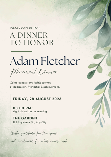 Muted Green and Cream Elegant Retirement Dinner Invitation