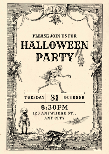 Vintage Black and White Halloween Party Invitation