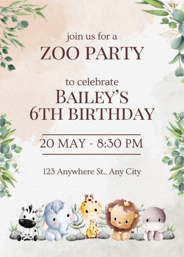 Watercolor Zoo Birthday Party Invitation Template