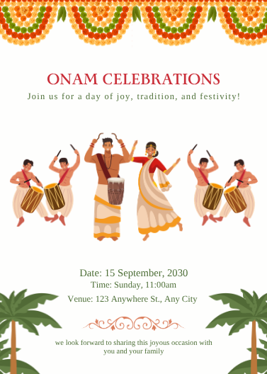 Orange and Green Illustrative Onam Party Invitation