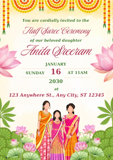 Pink, Green, and Yellow Traditional Half Saree Ceremony Invitation