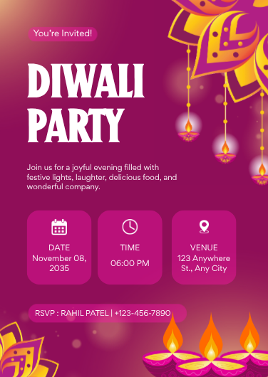 Purple and Gold Festive Diwali Party Invitation Template