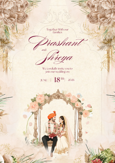 Beige and Pink Floral Traditional Indian Wedding Invitation
