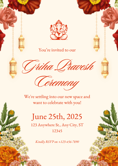 Traditional Floral Griha Pravesh Ceremony Invitation