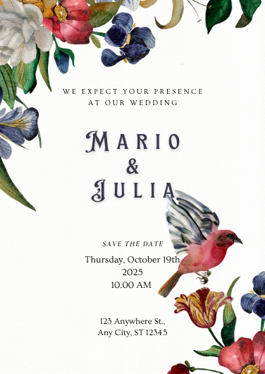 Vintage Navy and Red Watercolor Floral Wedding Invitation