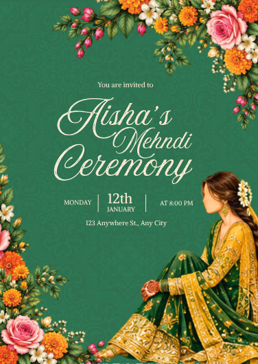 Green Floral Mehndi Ceremony Invitation Template