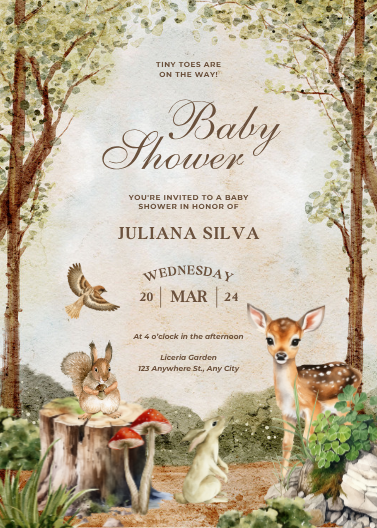 Brown and Green Watercolor Woodland Baby Shower Invitation