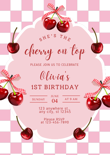 Pink and Red Cherry On Top 1st Birthday Invitation