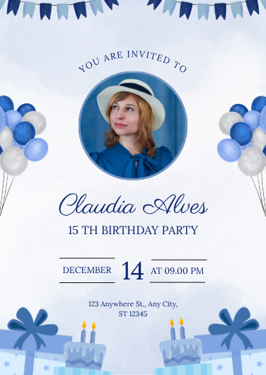 Elegant Blue and White 15th Birthday Photo Invitation