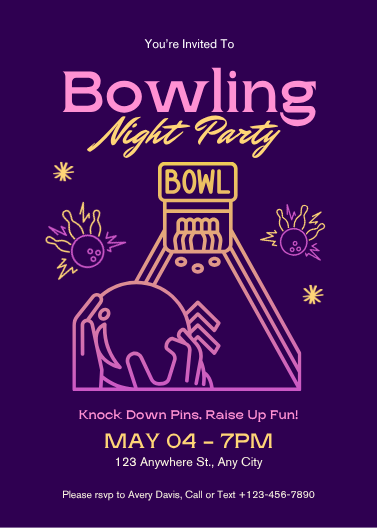 Purple Neon Bowling Night Party Invitation Template