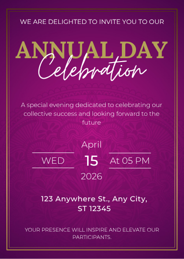 Purple and Gold Annual Day Celebration Invitation