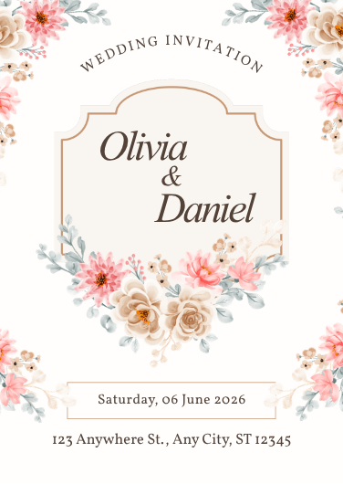 Elegant Pink Floral Wedding Invitation Template