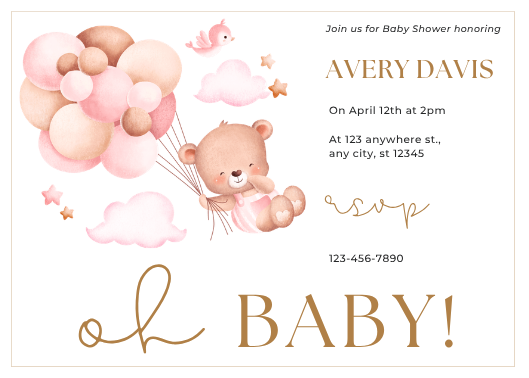 Pink and Gold Teddy Bear Girl Baby Shower Invitation