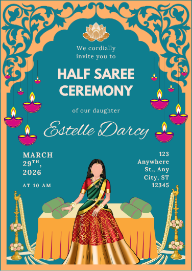 Blue and Orange Traditional Half Saree Ceremony Invitation