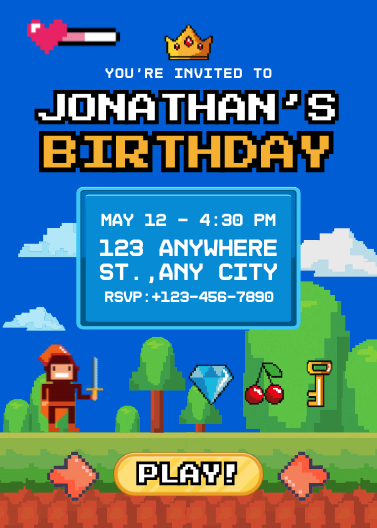 Retro Pixel Art Video Game Birthday Invitation