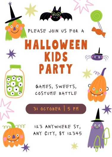 Orange & White Illustrative Halloween Kids Party Invite