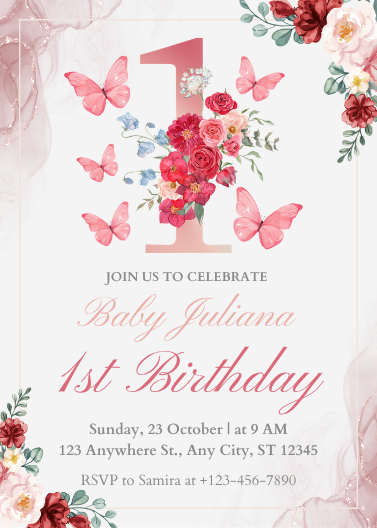Pink and White Watercolor Floral First Birthday Invitation
