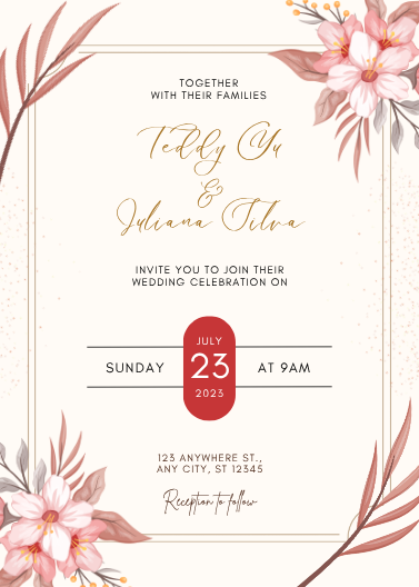 Cream and Red Floral Border Wedding Invitation