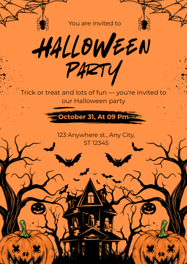 Orange and Black Illustrative Halloween Party Invite