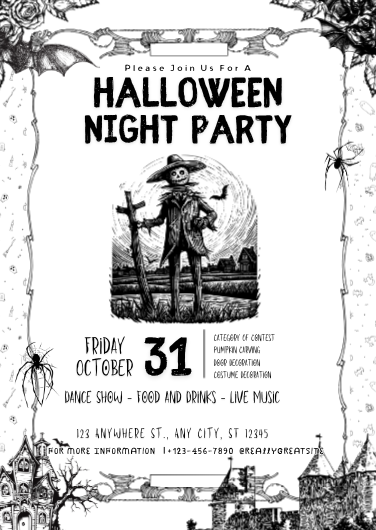 Black and White Vintage Halloween Night Party Invitation