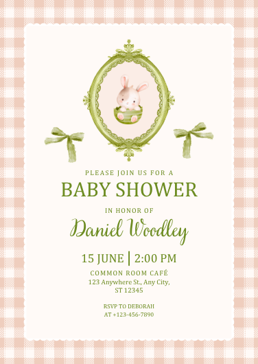 Beige and Green Illustrated Bunny Baby Shower Invitation