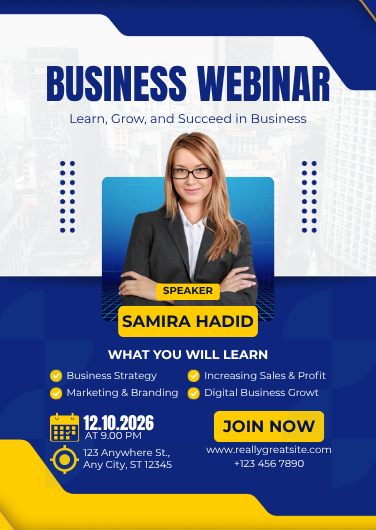 Modern Blue and Yellow Business Webinar Invitation Template