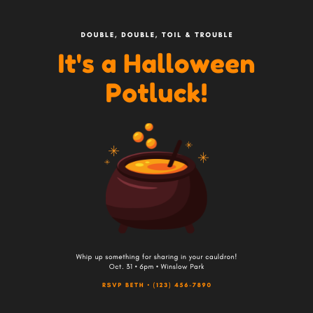 Charcoal & Orange Cauldron Halloween Potluck Invite