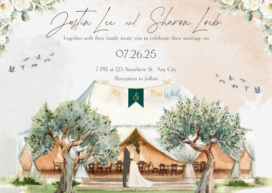 Beige and Green Watercolor Tent Wedding Invitation